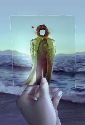  1boy 1other absurdres beach burnt_paper censored censored_identity commentary english_commentary highres holding holding_photo kim_dokja mountainous_horizon multiple_scars omniscient_reader's_viewpoint outdoors photo_(object) pov pov_hands scar scar_on_hand shore variant_set yoo_joonghyuk yu_shiro_ki 