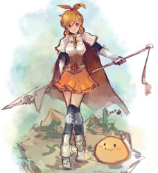 1girl armor armored_boots belt black_thighhighs blonde_hair boobplate boots bow brown_cape brown_eyes cape closed_mouth commentary_request cross cross_of_prontera crossed_legs drops_(ragnarok_online) full_body gobaku_no_hito grass green_belt hair_bow holding holding_behind_back holding_polearm holding_weapon lord_knight_(ragnarok_online) orange_bow orange_skirt pauldrons polearm ragnarok_masters ragnarok_online rock short_hair shoulder_armor skirt slime_(creature) smile solo spear standing thigh-highs watson_cross weapon 