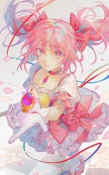  1girl bow checkered_floor choker commentary dress dress_bow gloves hair_bow highres kaname_madoka kaname_madoka_(magical_girl) kirabunni magical_girl mahou_shoujo_madoka_magica multiple_hair_bows pink_dress pink_eyes pink_hair puffy_short_sleeves puffy_sleeves red_bow short_sleeves solo soul_gem twintails white_gloves 
