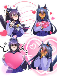  2girls absurdres animal_ears arrow_(symbol) bandaid bandaid_on_face bandaid_on_nose black_hair blush bow bowtie breasts closed_mouth covering_own_mouth dark-skinned_female dark_skin ear_ornament ear_scrunchie hair_between_eyes hair_ornament hairclip heart highres hishi_amazon_(umamusume) horse_ears horse_girl horse_tail long_hair long_sleeves multiple_girls naegi_happy narita_brian_(umamusume) open_mouth ponytail purple_sailor_collar purple_serafuku purple_shirt purple_skirt red_eyes red_scrunchie rope sailor_collar sailor_shirt school_uniform scrunchie serafuku shimenawa shirt skirt smile striped_clothes striped_scrunchie tail tracen_school_uniform umamusume very_long_hair white_bow white_bowtie yellow_eyes yuri 