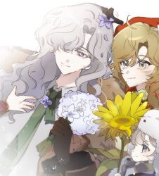  1boy 3girls avgust_(reverse:1999) black_gloves blonde_hair blue_eyes bouquet brown_coat coat collared_shirt commentary_request fang fang_out flower fur-trimmed_coat fur_hat fur_trim gloves green_necktie grey_hair grey_scarf hair_over_one_eye hand_up hat headscarf holding holding_bouquet holding_flower kiperina korean_commentary long_hair looking_to_the_side mole mole_under_mouth multiple_girls necktie red_headscarf reverse:1999 s2ds scarf shirt short_hair sunflower teacher_and_student ushanka vila_(reverse:1999) violet_eyes white_background white_flower white_hair white_shirt windsong_(reverse:1999) yellow_flower 