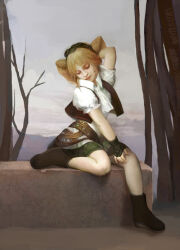  1girl ankle_boots archived_source arm_behind_back ascot bare_tree belt black_gloves blonde_hair boots branch brown_vest closed_eyes closed_mouth collared_shirt commentary_request cone_hair_bun crack double_bun dwarf fingerless_gloves fingernails full_body gloves goggles goggles_on_head gold_belt green_skirt grey_sky hair_bun half_updo korean_commentary lips miniskirt nose original outdoors painterly posing puffy_short_sleeves puffy_sleeves realistic shirt short_hair short_sleeves sitting skirt sky solo tako_ashin tree vest white_ascot white_shirt wing_collar 