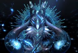 animal_ears arms_behind_back black_background blue_eyes body_fur body_markings commentary_request cowboy_shot glowing glowing_eyes highres iogi_(iogi_k) looking_at_viewer lucario mega_lucario_z mega_pokemon no_humans pokemon pokemon_(creature) pokemon_focus pokemon_legends:_z-a straight-on wallpaper watermark