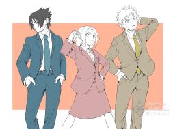  1girl 2boys blue_jacket blue_necktie blue_pants blue_suit chara_no7 commentary_request facial_mark green_jacket green_necktie green_pants green_suit hand_in_pocket hand_on_own_hip hands_in_pockets haruno_sakura jacket limited_palette medium_skirt multiple_boys naruto_(series) naruto_shippuuden necktie office_lady pants pencil_skirt pink_jacket pink_skirt short_hair skirt suit twitter_username uchiha_sasuke uzumaki_naruto watermark whisker_markings 