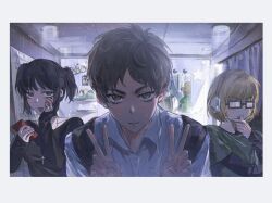  1girl 2boys alternate_universe armin_arlert black_choker black_hair black_shirt blonde_hair border breasts brown_hair choker collared_shirt cross cross_necklace double_v eren_yeager erwin_smith glasses green_shirt hand_on_own_cheek hand_on_own_face hand_to_own_mouth hange_zoe headphones highres holding holding_phone jewelry laicuihu666 levi_(shingeki_no_kyojin) looking_at_viewer medium_breasts mikasa_ackerman multiple_boys necklace official_alternate_costume open_mouth parted_bangs phone school shingeki_no_kyojin shirt shirt_under_shirt short_hair short_twintails smile sweatdrop twintails upper_body v white_border white_shirt 