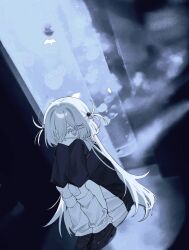  1girl arms_on_knees bandaid bandaid_on_knee bandaid_on_leg black_shoes eyepatch full_body gauze hair_bobbles hair_ornament highres knees_up leg_warmers loafers long_hair long_sleeves looking_at_viewer medical_eyepatch original pleated_skirt shoes si_(wooupp) sitting skirt sleeves_past_fingers sleeves_past_wrists socks solo squatting two_side_up very_long_hair white_leg_warmers white_socks 