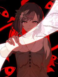  1girl brown_hair choker closed_mouth collarbone commentary_request dark_background dress flower hair_flower hair_ornament highres kizu_darake_no_te_de_watashi-tachi_wa_(project_sekai) official_alternate_costume official_alternate_hairstyle pink_eyes project_sekai puffy_short_sleeves puffy_sleeves red_background shinonome_ena short_hair short_sleeves smile solo tsukemononingen white_choker white_dress white_flower 