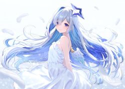  1girl amane_kanata angel_wings arms_behind_back bare_arms blue_hair blue_halo blue_wings closed_mouth colored_inner_hair commentary_request dress falling_feathers feathered_wings feathers floating_hair frilled_dress frills gradient_wings grey_hair hair_over_one_eye halo highres hololive long_hair looking_at_viewer mini_wings multicolored_hair multicolored_wings nametakeko official_alternate_hair_length official_alternate_hairstyle pink_streaks sad_smile simple_background single_hair_intake sleeveless sleeveless_dress smile solo spaghetti_strap star_halo streaked_hair tilted_halo very_long_hair violet_eyes virtual_graduation_commemoration virtual_youtuber white_background white_dress white_wings wings 