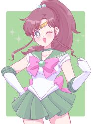  1girl bishoujo_senshi_sailor_moon border bow breasts brown_hair choker cowboy_shot earrings elbow_gloves gloves green_background green_eyes green_sailor_collar green_skirt hair_bobbles hair_ornament highres jewelry kino_makoto long_hair magical_girl one_eye_closed ponytail sailor_collar sailor_jupiter sailor_senshi_uniform skirt smile white_border white_gloves yumeko_(yumemexx) 