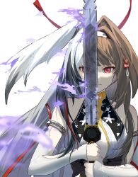  animal_ears black_hair breasts brown_hair chinese_clothes commentary_request detached_sleeves fox_ears fox_girl glasses gradient_hair hair_flaps hair_ornament hands_on_hilt headband highres holding holding_sword holding_weapon long_hair multicolored_hair red_eyes reflection shark_oo24 sword upper_body very_long_hair weapon white_background white_hair ye_shiyuan ye_shunguang zenless_zone_zero 