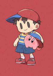  1boy 1other baseball_cap blue_eyes blue_shorts blush_stickers brown_eyes brown_hair carrying closed_mouth colored_skin cosplay denim denim_shorts dot_mouth full_body hair_between_eyes hat highres kirby kirby_(series) male_focus mother_(series) mother_2 ness_(mother_2) ness_(mother_2)_(cosplay) pink_skin poyoyoiyo red_background red_shoes shirt shoelaces shoes short_hair short_sleeves shorts simple_background socks standing striped_clothes striped_shirt super_smash_bros. two-tone_hat white_socks 