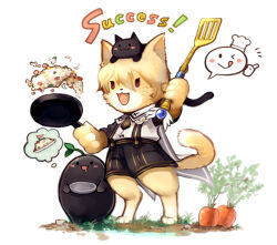  1boy animal_ears animal_on_head barefoot black_cat black_shorts blonde_hair carrot cat cat_boy cat_ears cat_on_head cat_tail commentary_request creature fang food fried_rice frying_pan full_body furry furry_male gobaku_no_hito holding holding_frying_pan holding_spatula male_focus on_head open_mouth ragnarok_masters ragnarok_online shirt short_hair shorts simple_background solid_circle_eyes solo spatula spirit_whisperer_(ragnarok_masters) standing suspender_shorts suspenders tail white_background white_shirt 