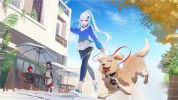  3girls ^_^ alternate_costume ange_katrina ange_katrina_(5th_costume) animalization apron arm_up bag balcony black_leggings blue_hair blue_jacket blue_sky blunt_bangs braid breasts brown_dog brown_hair building cafe chair chalkboard_sign closed_eyes colored_inner_hair commentary_request day dog furen_e_lustario group_name hair_ornament high_ponytail holding holding_bag holding_leash holding_tray inui_toko inui_toko_(1st_costume) jacket japanese_clothes leash leggings leggings_under_shorts lize_helesta long_hair long_sidelocks long_sleeves looking_at_animal looking_down maid multicolored_hair multiple_girls nijisanji no_socks open_mouth outdoors parasol pet_walking ponytail ponytail_with_braided_base red_hair sanbaka_(nijisanji) shoes shorts sidelocks sitting sky small_breasts smile streaked_hair sunano_reona table tongue tongue_out tray tree two-tone_hair umbrella very_long_hair violet_eyes virtual_youtuber wa_maid waist_apron walking watermark white_apron white_bag white_hair white_shoes white_shorts wooden_chair wooden_table 