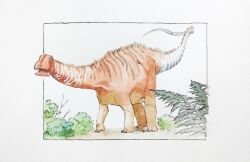  absurdres bush commentary_request dinosaur fern highres nigersaurus no_humans open_mouth original outside_border painting_(medium) sauropod solo traditional_media user_haug8323 watercolor_(medium) 