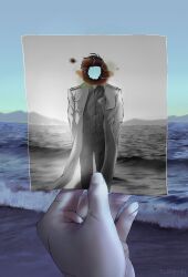  1boy 1other absurdres beach burnt_paper censored censored_identity hashtag-only_commentary highres holding holding_photo kim_dokja mountainous_horizon multiple_scars omniscient_reader's_viewpoint outdoors photo_(object) pov pov_hands scar scar_on_hand shore yoo_joonghyuk yu_shiro_ki 