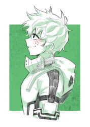  1boy absurdres blush bodysuit boku_no_hero_academia closed_mouth commentary cropped_torso english_commentary freckles from_side green_theme highres hood hood_down hooded_bodysuit kuraedo looking_up male_focus midoriya_izuku monochrome profile short_hair smile solo superhero_costume 