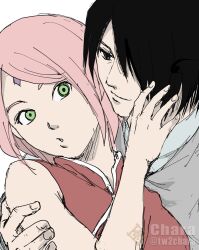  1boy 1girl artist_name black_eyes black_hair boruto:_naruto_next_generations chara_no7 commentary_request eyebrows_hidden_by_hair facial_mark forehead_mark green_eyes hair_over_one_eye haruno_sakura hetero highres husband_and_wife naruto_(series) pink_hair short_hair twitter_username uchiha_sasuke watermark 