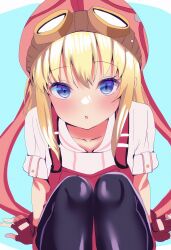  1girl absurdres blonde_hair blue_eyes blush eiyuu_densetsu embarrassed goggles goggles_on_head goggles_on_headwear highres looking_at_viewer naked_skirt overalls pink_shorts red_overalls shorts simple_background skirt sora_no_kiseki tita_russell tool_belt toolbox yuzi124 