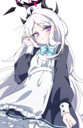  1girl ahoge apron black_halo blue_archive blush breasts commentary_request demon_girl demon_horns fugu43 halo highres hina_(blue_archive) horns long_hair looking_at_viewer maid maid_apron simple_background small_breasts solo very_long_hair violet_eyes white_background white_hair 