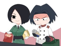  1boy 1girl akatsuki_(akatsuki_en-eins) akatsuki_blitzkampf basket blush breasts can chips_(food) drink_can en-eins_kanzen_sekai food hair_over_one_eye hetero kanae_(akatsuki_en-eins) large_breasts military military_uniform necktie oscar_get police serious smile soda_can soldier 