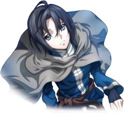  1boy black_gloves black_hair blue_eyes brown_cape cape closed_mouth code_geass code_geass:_lost_stories f4samurai game_cg gloves looking_at_viewer mario_disel official_art pendulum_(code_geass) short_hair simple_background solo transparent_background 