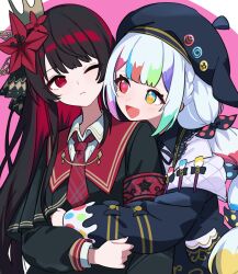  2girls beret black_capelet black_hair black_jacket black_shirt bow capelet closed_mouth collared_shirt commentary_request flower hair_flower hair_ornament hat head_on_another's_shoulder heterochromia highres hug hug_from_behind jacket jogasaki_noah long_hair long_sleeves looking_at_another mahou_shoujo_no_majo_saiban multi-tied_hair multicolored_hair multiple_girls necktie nikaido_hiro one_eye_closed open_mouth paintbrush polka_dot polka_dot_bow red_eyes red_flower red_necktie shirt smile streaked_hair upper_body waipiiy white_hair white_shirt yellow_eyes 