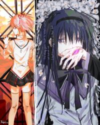  2girls aayoii_00 akemi_homura akemi_homura_(magical_girl) black_hair black_hairband black_skirt covering_own_mouth dress english_text flower grey_dress hairband hand_over_own_mouth highres kaname_madoka mahou_shoujo_madoka_magica mitakihara_school_uniform multiple_girls school_uniform signature skirt soul_gem sweater white_flower yellow_sweater 