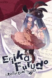  1girl absurdres blue_eyes blue_hair blunt_bangs bow choker cicococo dress english_text feathers frills furudo_erika hat hat_feather highres holding holding_scythe long_hair newspaper_print pantyhose pink_bow pirate_hat scythe skirt smile solo twintails umineko_no_naku_koro_ni 