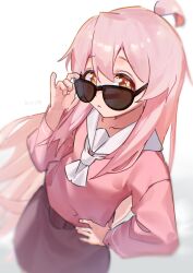  1girl :/ absurdres adjusting_eyewear ahoge brown_skirt commentary hair_between_eyes hand_on_headwear hand_on_own_hip highres long_hair long_sleeves looking_at_viewer looking_over_eyewear necktie onii-chan_wa_oshimai! oyama_mahiro pink_hair pink_shirt portrait rakkhun red_eyes redrawn shirt simple_background skirt solo sunglasses tinted_eyewear very_long_hair white_background white_necktie 