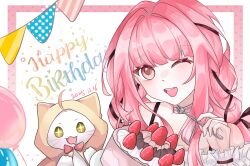  +_+ 1girl ahoge animal balloon bare_shoulders birthday birthday_cake black_bow black_ribbon blunt_bangs bow bow_choker bowtie braid brown_eyes cake cat chinese_commentary choker cloak clothed_animal collarbone commentary_request dated dot_nose drooling ear_covers excited food fork frilled_shirt frilled_sleeves frills fruit garland_(decoration) hair_bow hair_intakes hair_ribbon happy happy_birthday highres holding holding_fork holding_plate hood hood_up hooded_cloak infinity_nikki laibeichengerzhi88424 light_blush long_hair long_sidelocks long_sleeves looking_at_viewer low_twin_braids momo_(nikki) nikki_(nikki) nikki_(series) off-shoulder_shirt off_shoulder one_eye_closed open_mouth outside_border perfect_start_(infinity_nikki) pink_bow pink_bowtie pink_choker pink_hair plate red_bow red_bowtie ribbon shirt sidelocks single_stripe smile sparkling_eyes strawberry striped_bow striped_bowtie striped_choker striped_clothes teeth traditional_bowtie tress_ribbon twin_braids upper_body upper_teeth_only very_long_hair whiskers white_background white_cat white_shirt yellow_cloak 