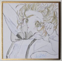  1girl absurdres arm_up black_bow blush bow brown_eyes brown_hair collared_shirt commentary_request dress_shirt hand_up hatoba_tsugu highres long_sleeves photo_(medium) puffy_long_sleeves puffy_sleeves sha2mo shikishi shirt signature solo suspenders traditional_media tsugu_(vtuber) virtual_youtuber white_shirt 