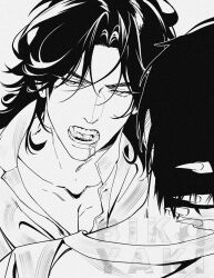  2boys bikoyaki blood blood_from_mouth blush collarbone collared_shirt curtained_hair ear_blush fangs fangs_out fingernails half-closed_eyes hand_on_another's_neck head_tilt highres implied_yaoi long_fingernails long_hair looking_at_viewer luo_binghe male_focus monochrome multiple_boys open_mouth parted_bangs pectoral_cleavage pectorals renzha_fanpai_zijiu_xitong sharp_fingernails shen_yuan shirt short_hair teeth thick_eyebrows v-shaped_eyebrows vampire watermark white_background wolf_cut 