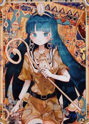  1girl blue_eyes blue_hair blue_nails blunt_bangs blush brown_shirt brown_shorts closed_mouth comkdom commentary earrings highres holding holding_scepter jewelry looking_at_viewer mark_under_both_eyes michigami_nareko nail_polish scepter shirt short_sleeves shorts smile solo tiara touhou 