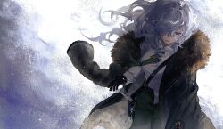  1girl arm_out_of_sleeve bag black_bag black_gloves brown_coat coat collared_shirt commentary_request cowboy_shot floating_hair fur-trimmed_coat fur_trim gloves green_necktie green_pants grey_background hair_over_one_eye long_hair looking_down mole mole_under_mouth necktie one_eye_covered pants parted_lips reverse:1999 shirt shoulder_bag solo two-tone_background violet_eyes white_background white_hair white_shirt windsong_(reverse:1999) yongwu_leyuan 