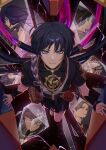  1girl 6+boys black_hair black_shirt escher_(genshin_impact) from_above genshin_impact grey_hair highres japanese_clothes jewelry katsuragi_(genshin_impact) looking_at_viewer mik0chn multiple_boys necklace niwa_(genshin_impact) purple_hair raiden_shogun red_eyes scaramouche&#039;s_sickly_friend_(genshin_impact) scaramouche_(genshin_impact) scaramouche_(kabukimono)_(genshin_impact) shirt short_hair violet_eyes 