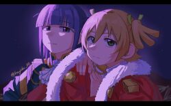  2girls aiguillette aqua_jacket ascot blonde_hair blue_background blunt_bangs blurry blurry_background closed_mouth commentary_request daiba_nana epaulettes fur-trimmed_jacket fur_trim gradient_background green_eyes hair_between_eyes hair_ribbon hand_on_another's_shoulder hand_up highres jacket jacket_on_shoulders koujichu_00 letterboxed light_particles long_sleeves looking_at_viewer multiple_girls purple_hair red_jacket red_sash ribbon sash shade short_hair short_twintails shoujo_kageki_revue_starlight shoulder_sash side-by-side sidelighting sidelocks smile tsuyuzaki_mahiru twintails twitter_username two_side_up upper_body v-shaped_eyebrows violet_eyes white_ascot white_jacket yellow_ribbon 