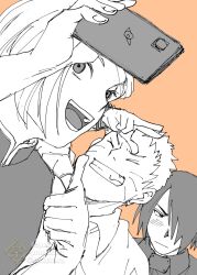  1girl 2boys blush boruto:_naruto_next_generations cellphone chara_no7 closed_eyes commentary_request greyscale_with_colored_background grin hair_over_one_eye haruno_sakura highres holding holding_phone konohagakure_symbol multiple_boys naruto_(series) open_mouth orange_background phone selfie sketch smartphone smile thumbs_up twitter_username uchiha_sasuke uzumaki_naruto watermark 