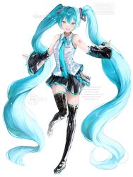  1girl aqua_eyes aqua_hair aqua_necktie black_skirt black_sleeves detached_sleeves hashtag-only_commentary hatsune_miku highres long_hair necktie number_tattoo shirt skellychan skirt sleeveless sleeveless_shirt solo tattoo twintails very_long_hair vocaloid white_background 