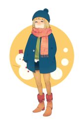  1girl beanie black_shorts bleach bleach:_sennen_kessen-hen blonde_hair blue_hat blue_jacket blunt_bangs bob_cut bow commentary_request full_body hands_up hat highres jacket light_frown liltotto_lamperd m1gm1gmagnesium orange_bow pantyhose red_scarf scarf short_shorts shorts snowman solo yellow_eyes yellow_pantyhose 