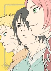  1girl 2boys black_eyes black_hair blonde_hair blue_eyes boruto:_naruto_next_generations chara_no7 commentary_request facial_mark forehead_mark green_eyes hair_over_one_eye haruno_sakura highres husband_and_wife multiple_boys naruto_(series) pink_hair smile twitter_username uchiha_sasuke uzumaki_naruto watermark whisker_markings 
