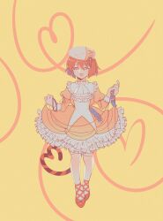 1girl ascot beret bow brown_hair buttons cat_tail cicococo ciconia_no_naku_koro_ni collar dress frilled_sleeves frills hat highres holding holding_leash leash long_sleeves meow_(ciconia) open_mouth pantyhose puffy_sleeves red_bow red_ribbon red_shoes ribbon shoes short_hair smile solo string tail white_ascot white_pantyhose yellow_dress yellow_eyes 