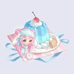  1girl :o animal_ears animal_slippers ankle_socks aqua_outline artist_name blue_bow blue_dress blue_mask blue_ribbon blush bow brown_eyes cherry chibi chinese_commentary collared_dress commentary_request double_bun dream-weaving_lamb_(shining_nikki) dress eyelashes fake_animal_ears food frills fruit gelatin grey_background hair_bun heart highres holding holding_spoon horned_mask horns lanlan_zhi_jiabing light_particles long_hair long_sleeves looking_to_the_side mask mask_on_head messy_hair napkin nikki_(nikki) nikki_(series) outline oversized_food oversized_object parted_lips pink_hair plate pleated_dress polka_dot polka_dot_dress ribbon sheep_ears sheep_horns shining_nikki simple_background sleep_mask slippers small_horns socks solo spoon standing tareme very_long_hair wafer whipped_cream white_horns white_slippers white_socks 