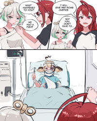 3girls ahoge alternate_costume bandages bandaid bandaid_on_cheek bandaid_on_face bed black_bra blonde_hair bra brown_hair bruise bruised_eye cardiogram cast cecilia_immergreen colored_tips commentary elizabeth_rose_bloodflame english_commentary english_text fian_f.n flag gigi_murin green_hair highres hololive hololive_english hospital_bed hospital_gown huge_ahoge injury intravenous_drip long_hair meme multicolored_hair multiple_girls off-shoulder_sweater off_shoulder open_mouth red_eyes red_hair short_hair short_twintails sweater teeth twintails underwear upper_teeth_only virtual_youtuber watermark white_flag white_hair white_sweater winding_key 