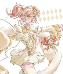  2girls cowboy_shot dia_(shugo_chara!) dress guardian_chara headband headset highres hinamori_amu looking_ahead multiple_girls music open_mouth orange_hair outstretched_arm realemonade shugo_chara! sidelocks singing smile twintails wide_sleeves yellow_dress 