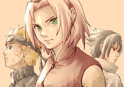  1girl 2boys black_hair black_headband black_jacket blonde_hair blue_eyes breasts chara_no7 commentary_request expressionless forehead_protector green_eyes hairband haruno_sakura headband jacket medium_breasts multiple_boys naruto_(series) naruto_shippuuden pink_hair red_eyes red_hairband twitter_username uchiha_sasuke uzumaki_naruto watermark 