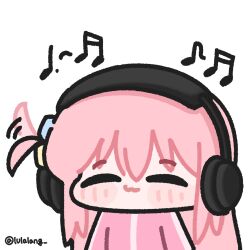  1girl bocchi_the_rock! chibi chibi_only closed_eyes closed_mouth commentary facing_viewer gotoh_hitori hair_wagging headphones highres jacket listening_to_music long_hair lulalang musical_note one_side_up pink_hair pink_jacket simple_background smile solo symbol-only_commentary upper_body white_background 
