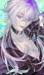  1boy :d absurdres bishounen black_choker black_gloves black_shirt chain chain_necklace choker collarbone collared_shirt commission crossed_bangs ear_piercing earrings eyelashes gloves grey_hair hair_between_eyes hand_up highres jacket jewelry koujisako long_hair long_sleeves looking_at_viewer male_focus multicolored_hair necklace open_collar open_mouth original pectoral_cleavage pectorals piercing purple_hair ring shirt sidelocks skeb_commission smile solo teeth twitter_username upper_body violet_eyes watermark white_hair zipper 