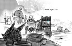  2boys 2girls absurdres ascot blurry blurry_foreground boots bowl candle commentary_request cup duchess_(elden_ring) eating elden_ring elden_ring_nightreign english_text fake_horns greyscale haruichi_(haruichithm) head_wreath helmet highres horned_helmet horns jacket monochrome multiple_boys multiple_girls pants pouring raider_(elden_ring) revenant_(elden_ring) spot_color tunic veil winged_helmet wylder_(elden_ring) 