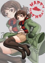  1girl absurdres amanone_yun black_boots boots brown_eyes brown_hair brown_skirt casual closed_mouth coat english_text fringe_trim girls_und_panzer green_coat hand_in_pocket happy_birthday highres hood hood_down hooded_coat kawanishi_shinobu long_sleeves looking_at_viewer miniskirt open_clothes open_coat outline plaid_clothes plaid_scarf ponytail red_scarf ribbed_shirt scarf shirt short_hair short_ponytail skirt smile solo thigh_boots white_outline white_shirt zoom_layer 