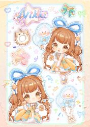  1girl absurdly_long_hair absurdres animal_balloon balloon balloon_animal balloon_trip_(infinity_nikki) bare_shoulders bird blue_bow blue_hairband blue_ribbon blunt_bangs border bow braid brown_eyes brown_hair bubble_skirt character-themed_food chibi clenched_hands closed_mouth commentary_request copyright_name doughnut dress duck eyelashes flower food footwear_bow frilled_arm_warmers frilled_hairband frilled_thigh_strap frills gradient_border hair_flower hair_ornament hair_ribbon hairband hand_on_own_knee happy heart heart_print highres holding holding_balloon infinity_nikki lanlan_zhi_jiabing large_ribbon leg_up light_blush light_particles long_hair looking_at_viewer low_twin_braids miniskirt momo_(nikki) multiple_views neck_ribbon nikki_(series) notice_lines open_mouth orange_border orange_flower outline paw_pose paw_print pleated_dress print_thighhighs ribbon shoes short_dress skirt skirt_under_dress sleeveless sleeveless_dress smile sparkling_eyes sprinkles star_(symbol) tareme thigh-highs thigh_strap twin_braids two-tone_border very_long_hair white_arm_warmers white_background white_flower white_outline white_skirt white_thighhighs yellow_border yellow_dress yellow_ribbon yellow_shoes 